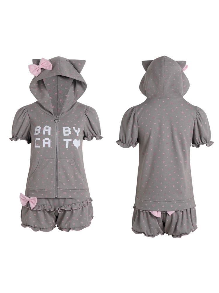 Bubble Sleeve Polka Dot Black White Purple Babycat Set