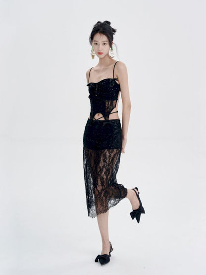 Black Lace Camisole + Low Waist Lace Half Skirt Set