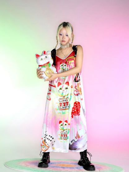 Fortune Cat Printed Silk Halter Dress