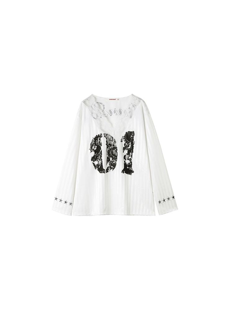 Lace v-neck Printed Design Top