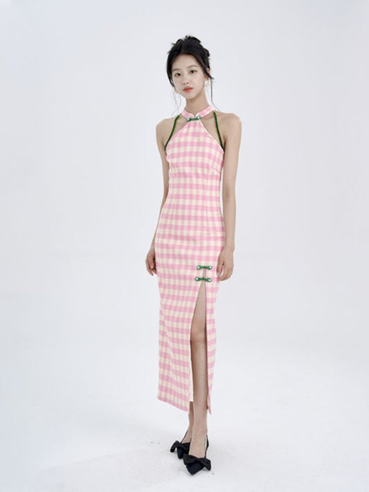 Pink Check Slim Long Cheongsam Dress