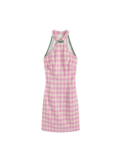 Pink Check Slim Short Dress