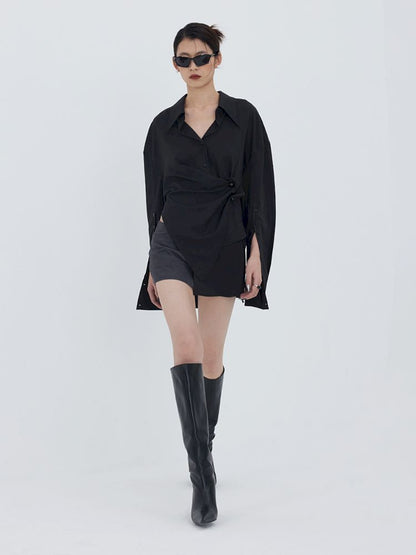 Asymmetric Hem Pleated Loose Pointed Collar Shirt