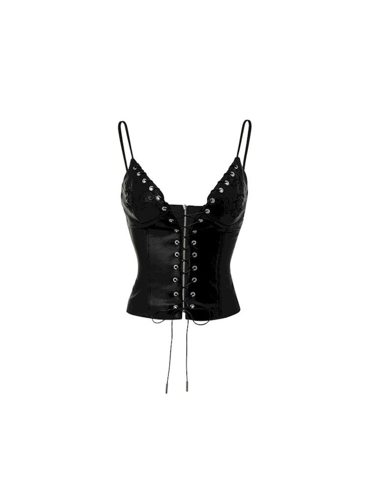 Lace up leather thin Shoulder Camisole Vest