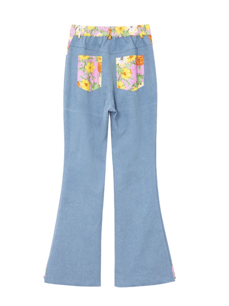 Spliced flowers stretch denim flared pants