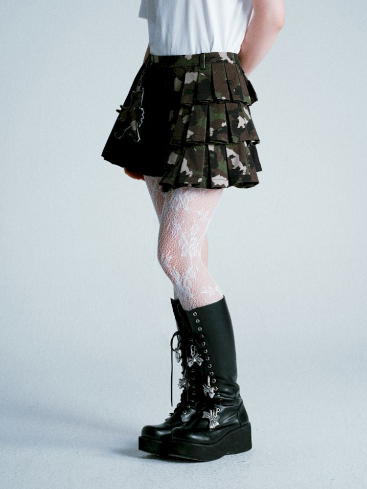 Patchwork Camouflage Pleated Skirt