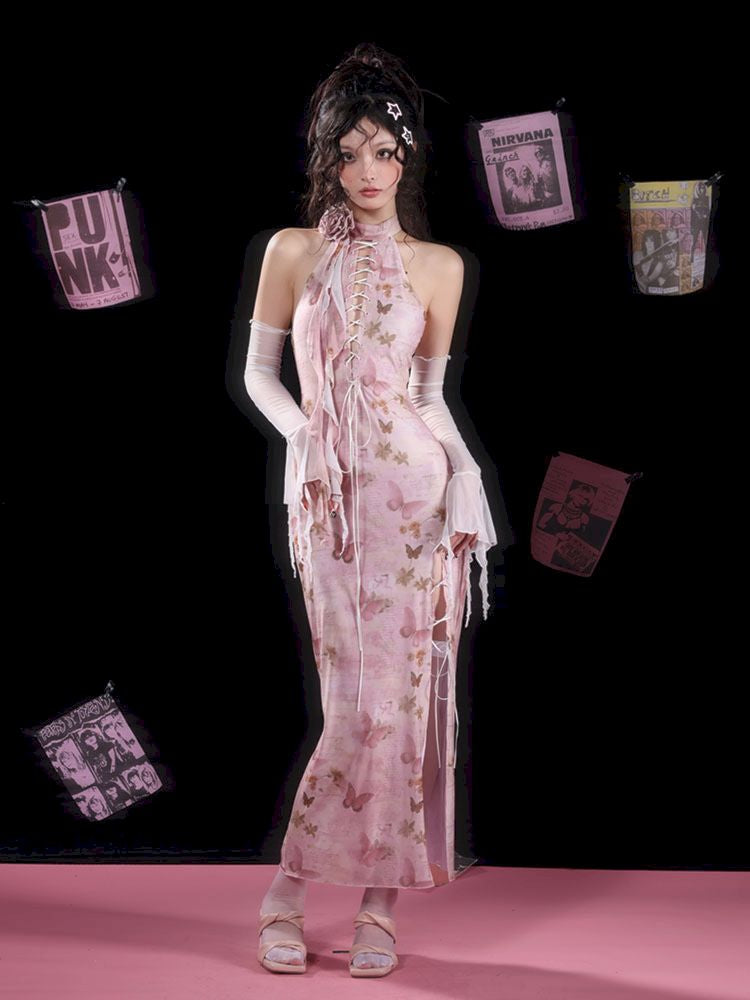 Butterfly Print Slit Tie Long Pink Cheongsam Dress