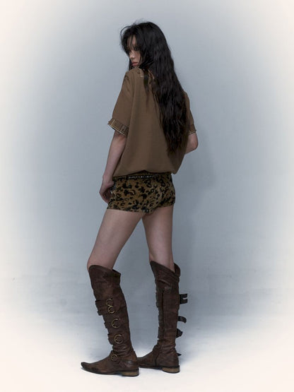 Heavy Gold Stamped Rivets Leopard Print Shorts