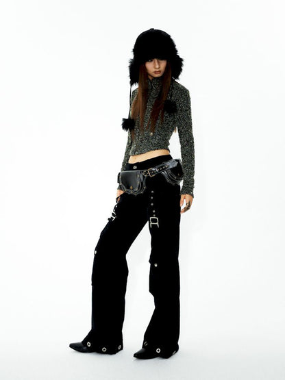 D-ring air eyelets decorated loose thin straight pants