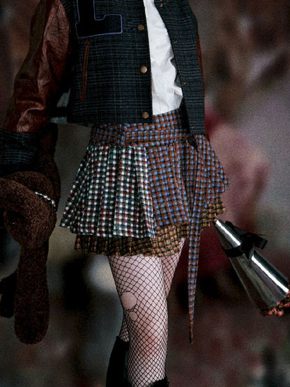 Three-color plaid splicing pleated skirt