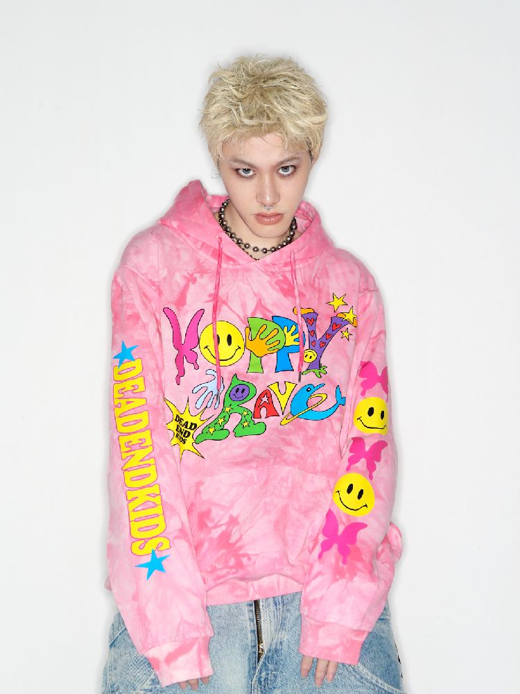 Smiley Pink Tie-Dye Hooded Sweatshirt