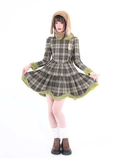 Bunny Doll Green Brown Plaid Petal Dress