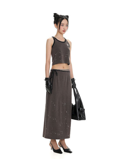 Flip Dot Embroidery Sleeveless Camisole Vest Long Skirt Set