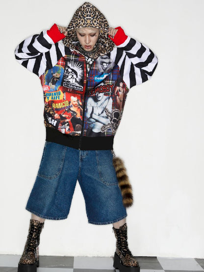 American punk leopard print Zipper Sweatshirt Jacket