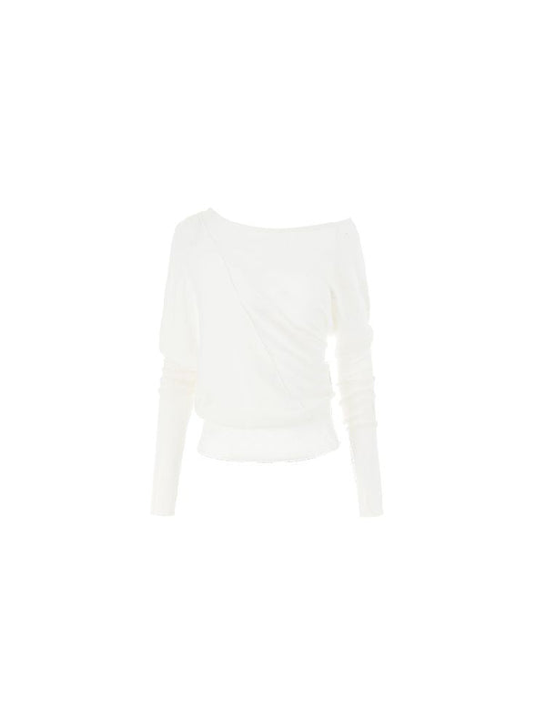 Slant Shoulder Asymmetric Knit Blouse
