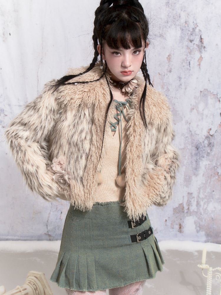 Beige Stripe Patchwork Fox Fur Coat