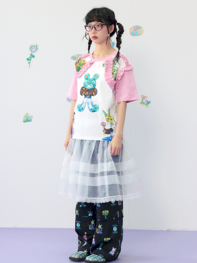 Candy print frilly lace cotton T-shirt