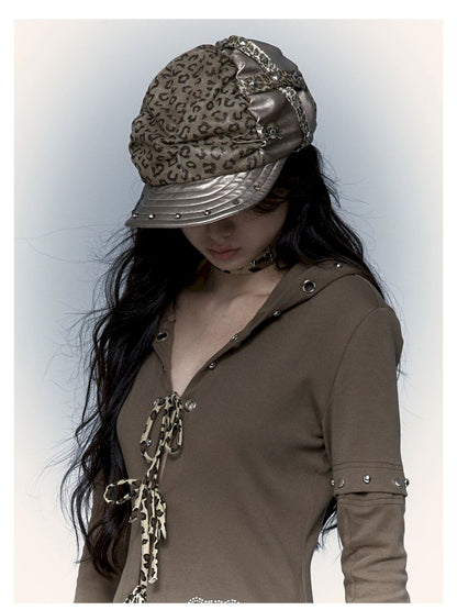 Punk Leopard Print Splicing Rivets Beret