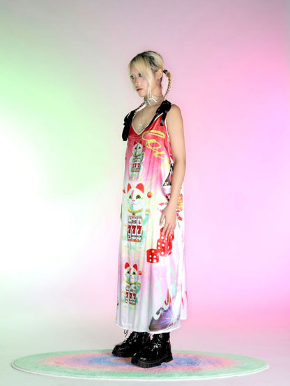 Fortune Cat Printed Silk Halter Dress