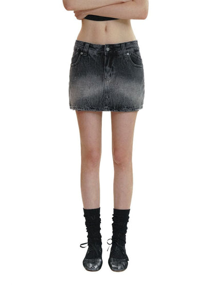 Gradient Spray Horsebit Worn Tie Flower Denim Short Skirt