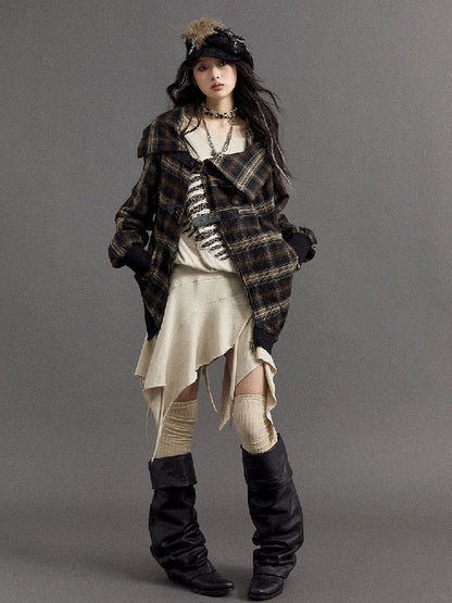 Loose plaid asymmetrical sweater jacket