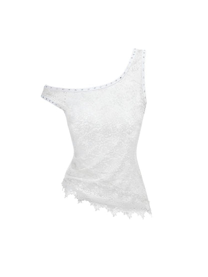 Slant Shoulder Asymmetric Lace See Through Overlay Vest