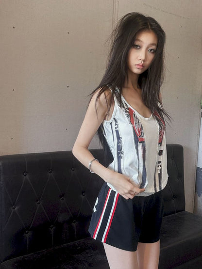 Irregular print patchwork vest T-shirt