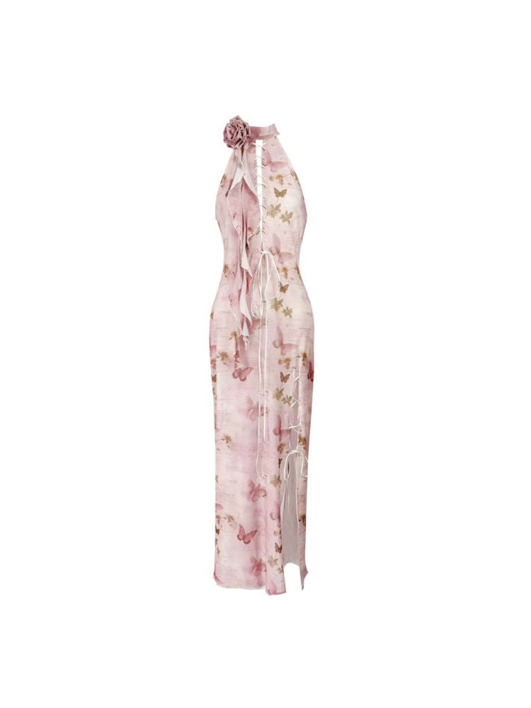 Butterfly Print Slit Tie Long Pink Cheongsam Dress