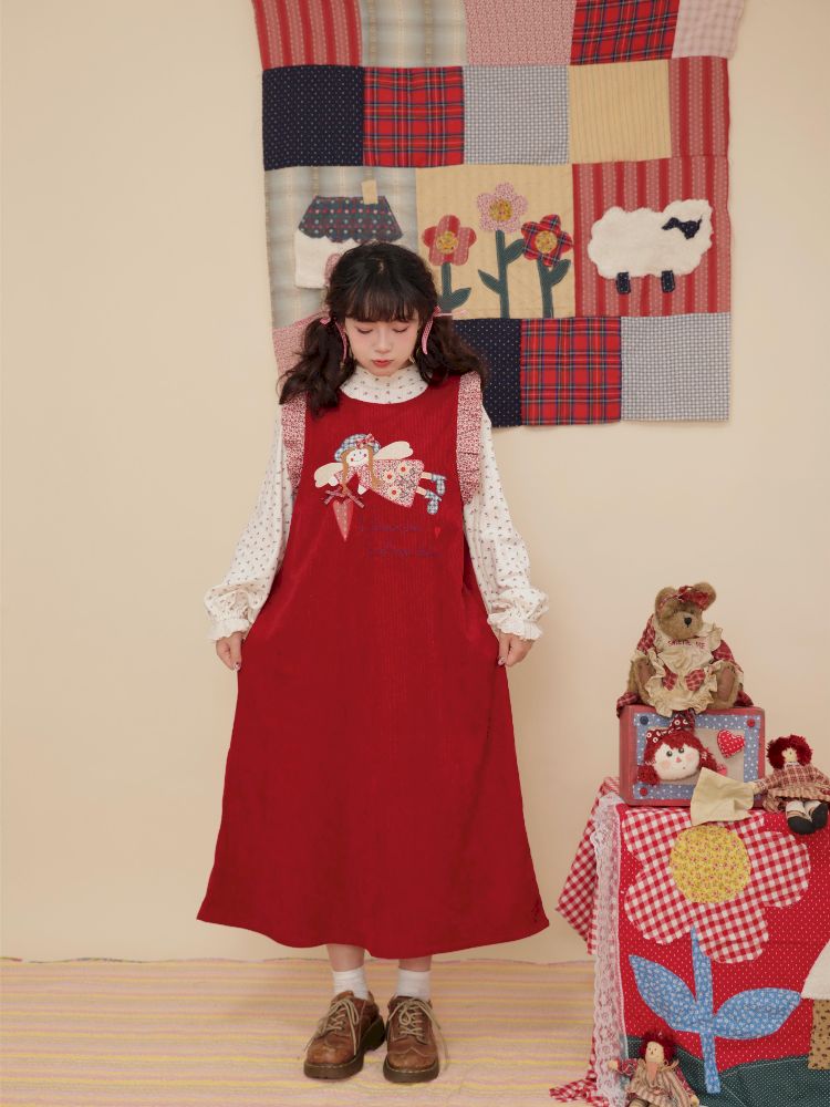 Lace Corduroy Red Vest Dress