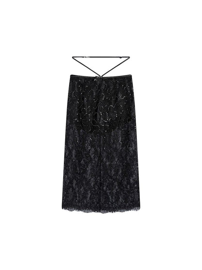 Black Lace Camisole + Low Waist Lace Half Skirt Set