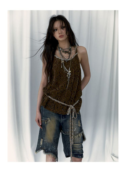 Slouchy Old Hollowed Out Loose Flocked Lace Vest