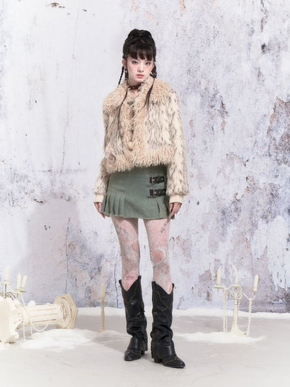 Beige Stripe Patchwork Fox Fur Coat