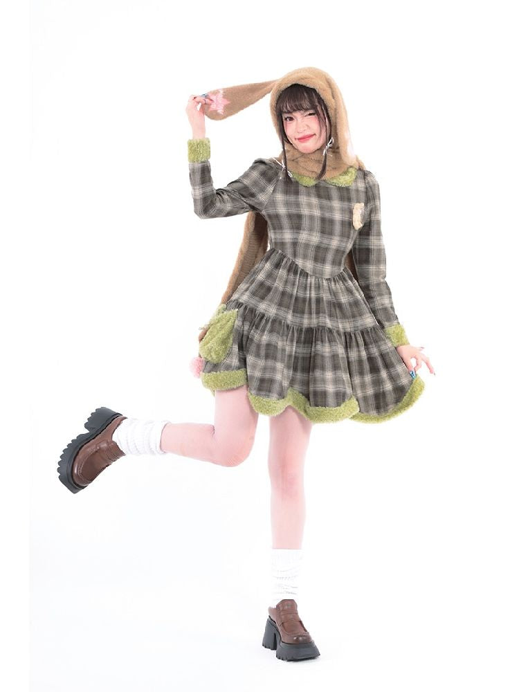 Bunny Doll Green Brown Plaid Petal Dress