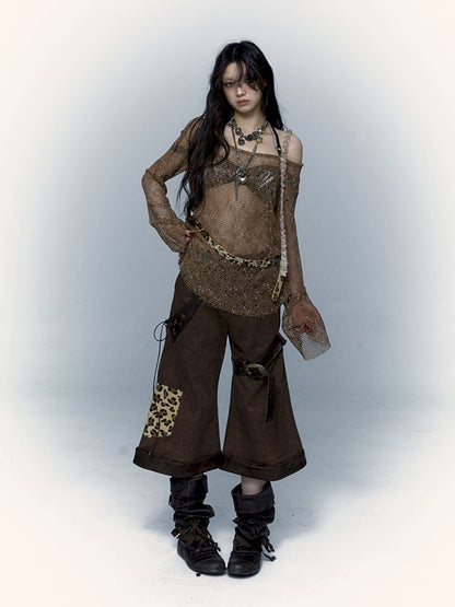 Leopard Leather Loose Low Waist Contour Seven Pants