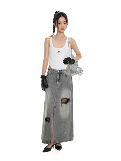 Multiple holes denim long skirt