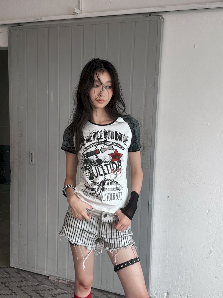 American Vintage Letter Embroidery Knit Short Sleeve T-Shirt