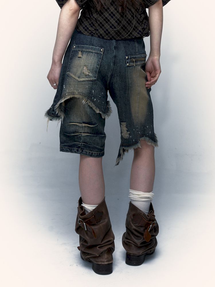 Punk street washed and worn wide-leg jeans