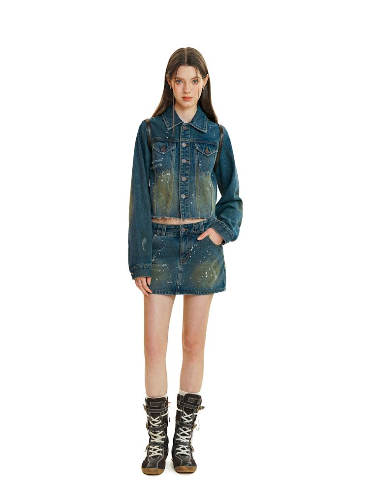 Heavy industry splash ink spray denim short skirt