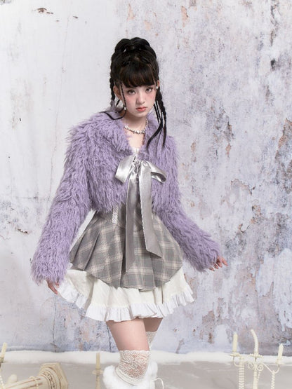 Purple Fox Fur Bow Shoulder Jacket