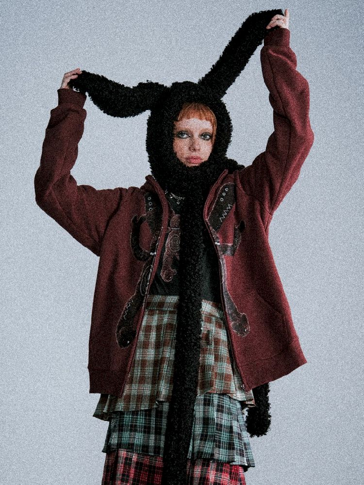 Black Fluffy Bunny Circle Lambswool Short Jacket + Hat