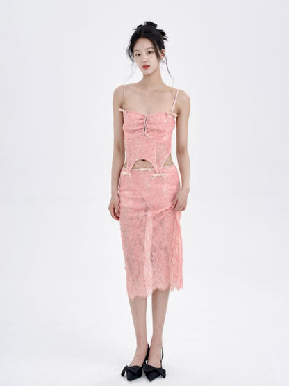 Peach Lace Camisole + Low Waist Lace Half Skirt Set