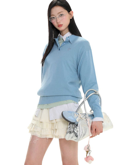 Polo collar long-sleeved jumper