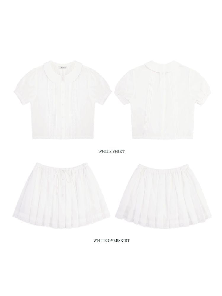 Doll Collar Lace Short Sleeve Shirt With Shell Button Placket Drawstring Pleated Short Skirt