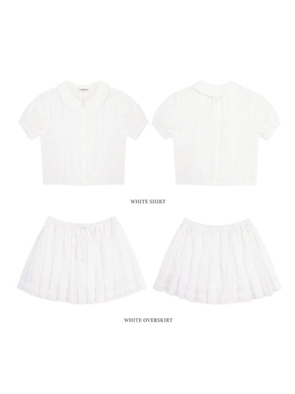 Doll Collar Lace Short Sleeve Shirt With Shell Button Placket Drawstring Pleated Short Skirt