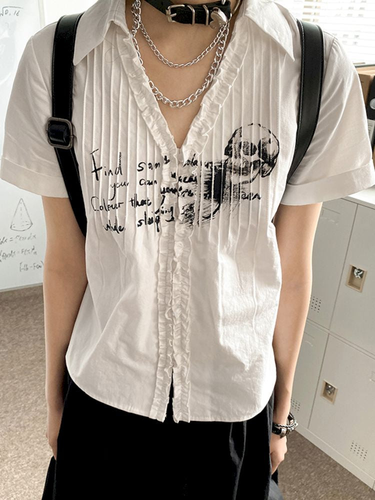 Printed Pinch Pleat Positive Shoulder Short Sleeve Shirt