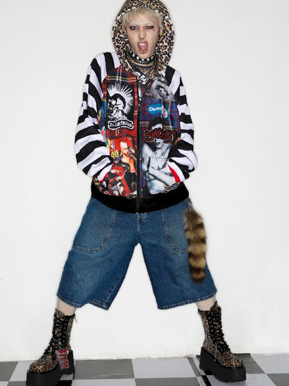 American punk leopard print Zipper Sweatshirt Jacket