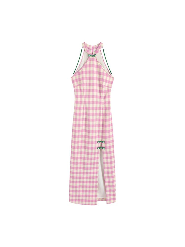 Pink Check Slim Long Cheongsam Dress