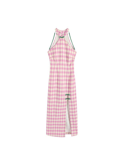 Pink Check Slim Long Cheongsam Dress