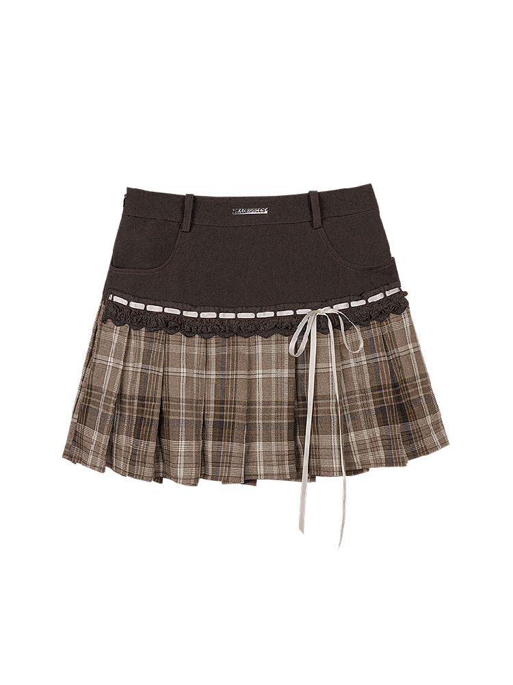 Grid Ribbon Pleated Skirt