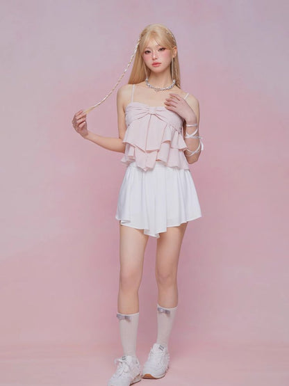 Bow Double Pleated Irregular Ruffle Camisole